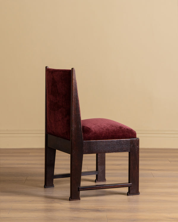 Set of Four Dutch Haagse School Oak Dining Chairs in Merlot Chenille, 1920s