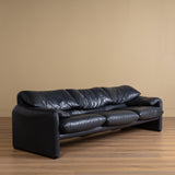 Navy Leather Maralunga Sofa by Vico Magistretti for Cassina, 1970's