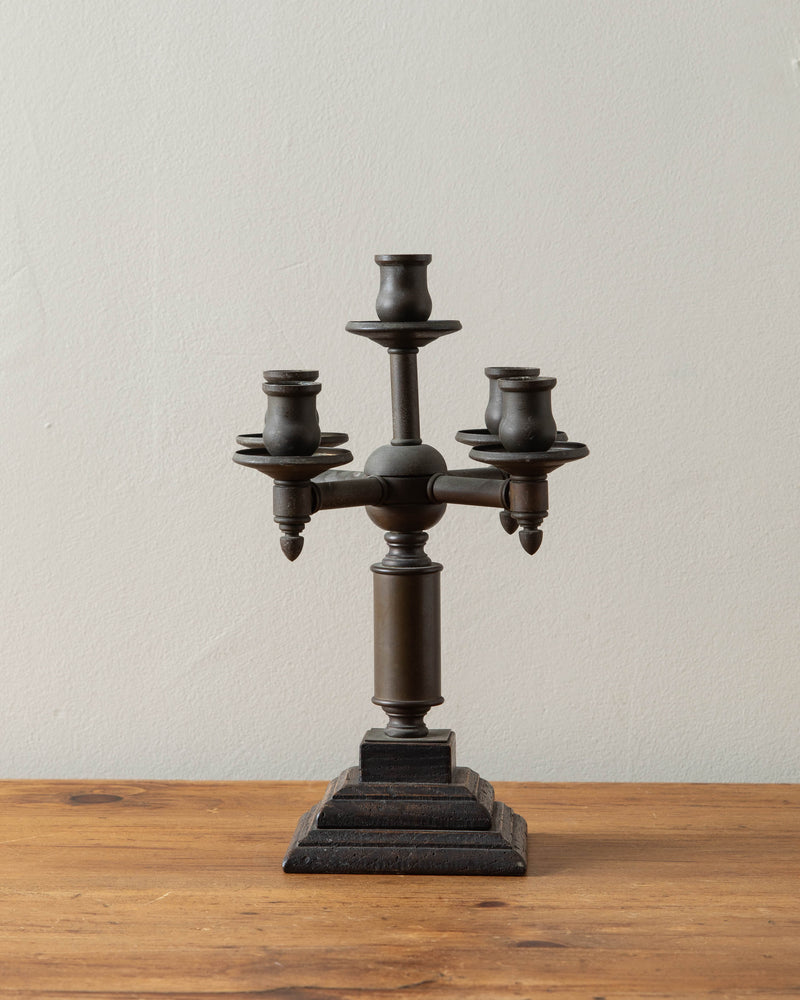 Oxidized Brass & Wood 5 Candle Taper Holder