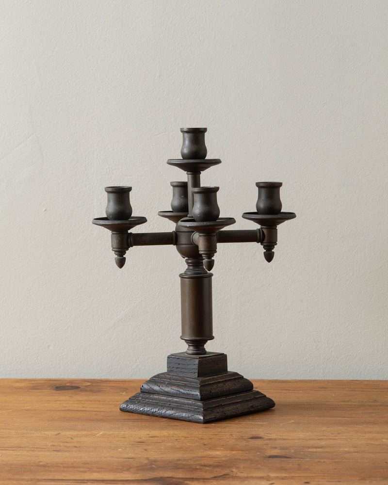 Oxidized Brass & Wood 5 Candle Taper Holder