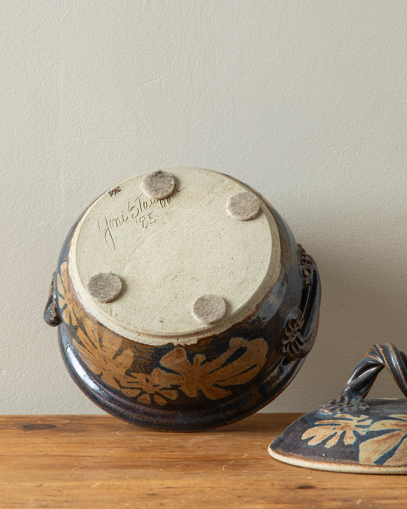 Floral Studio Pottery Cooker w/ Lid, Signed 1985