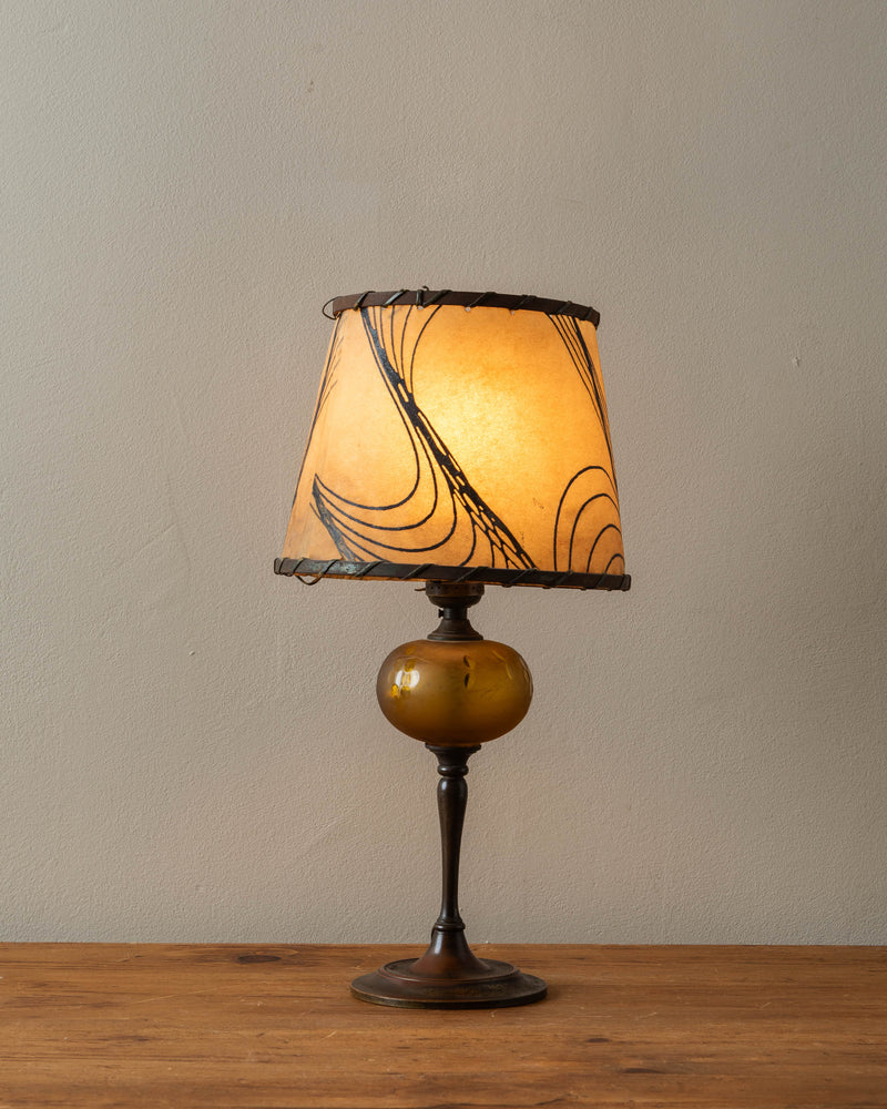 Etched Amber Glass Lamp w/ Handmade Rawhide Shade