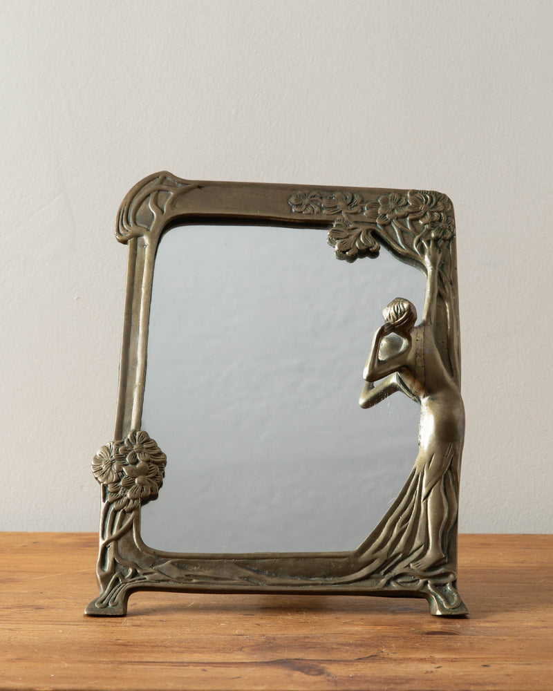 Art Nouveau Solid Brass Mirror with Woman Figurine