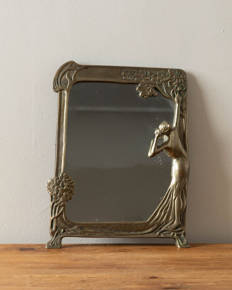 Art Nouveau Solid Brass Mirror with Woman Figurine