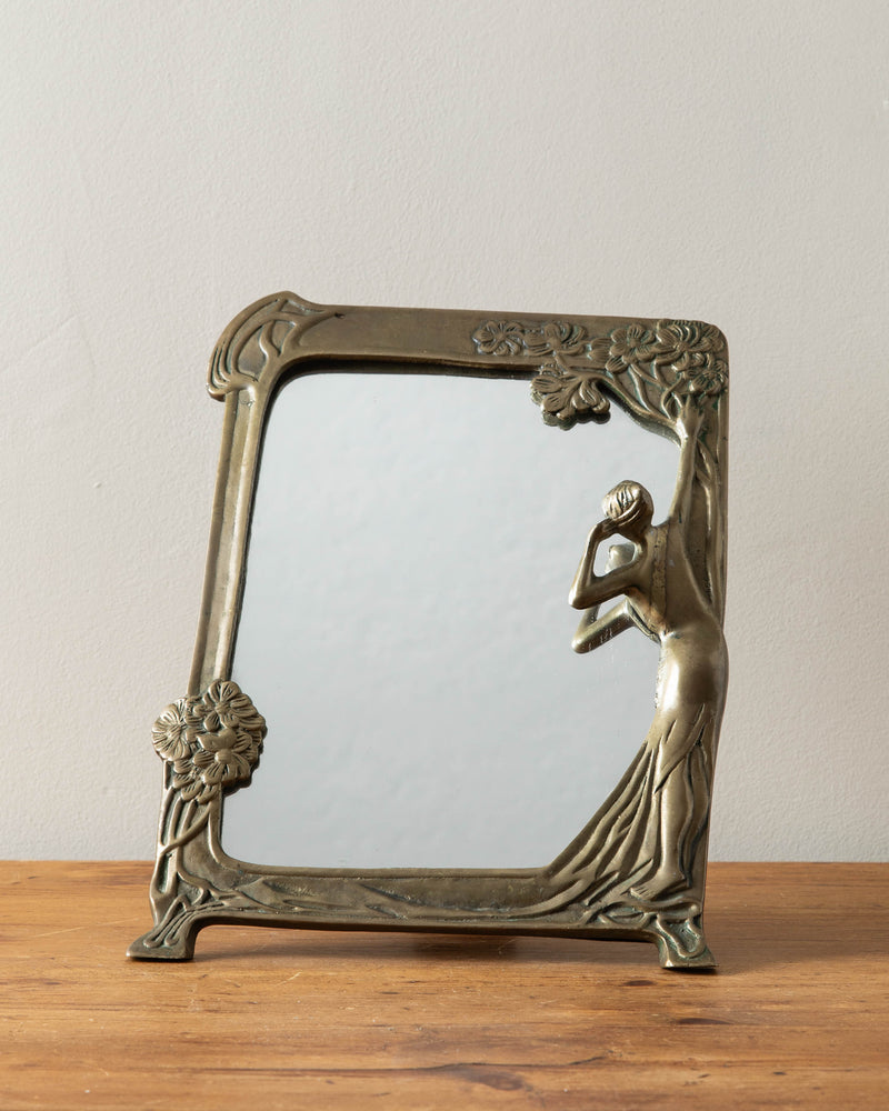 Art Nouveau Solid Brass Mirror with Woman Figurine