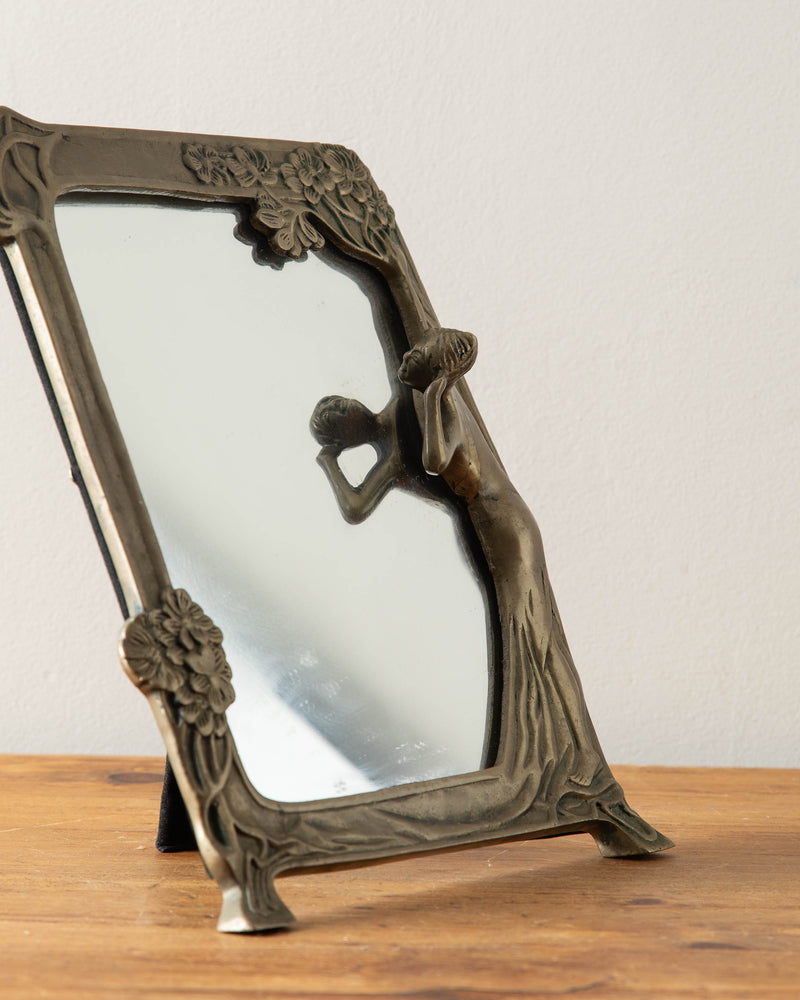 Art Nouveau Solid Brass Mirror with Woman Figurine