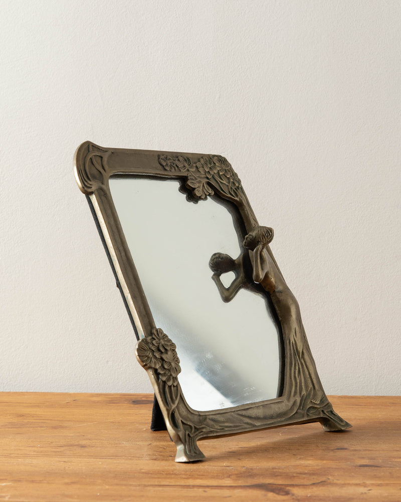 Art Nouveau Solid Brass Mirror with Woman Figurine