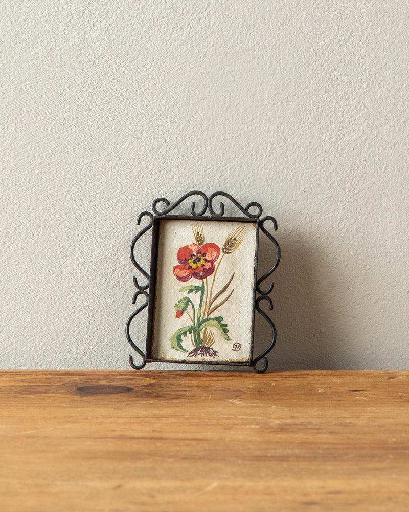 Tiny Painting of Poppy in Hand Wrought Frame