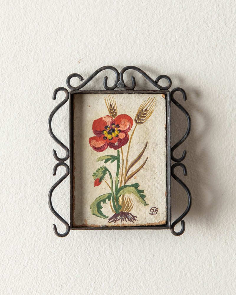 Tiny Painting of Poppy in Hand Wrought Frame