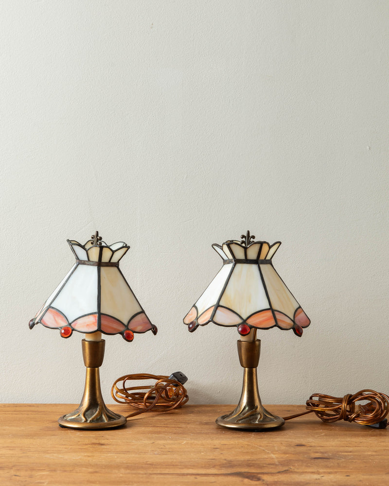 Petite Brass Lamps w/ Stained Glass Shades (Set of 2)