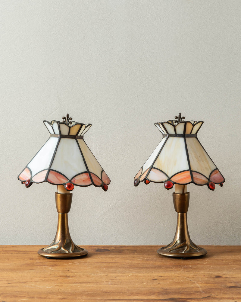 Petite Brass Lamps w/ Stained Glass Shades (Set of 2)