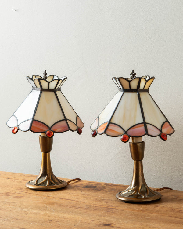 Petite Brass Lamps w/ Stained Glass Shades (Set of 2)