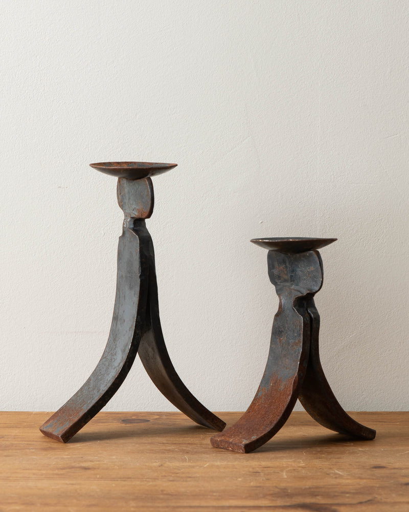 Heavy Forged Rusted Steel Pillar Candle Holders (Set of 2)