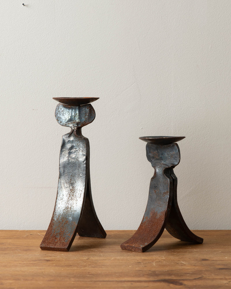 Heavy Forged Rusted Steel Pillar Candle Holders (Set of 2)