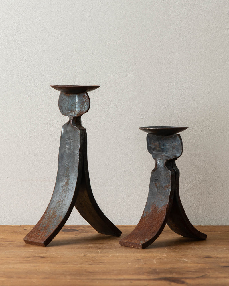 Heavy Forged Rusted Steel Pillar Candle Holders (Set of 2)