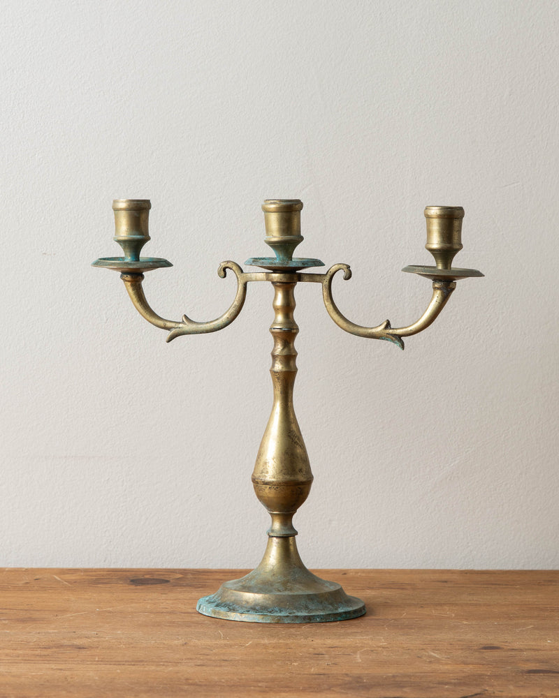 Brass Triple Candle Holder w/ Verdigris Patina