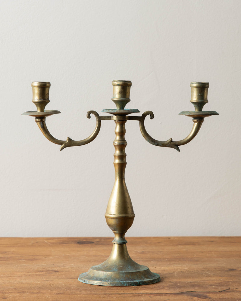 Brass Triple Candle Holder w/ Verdigris Patina