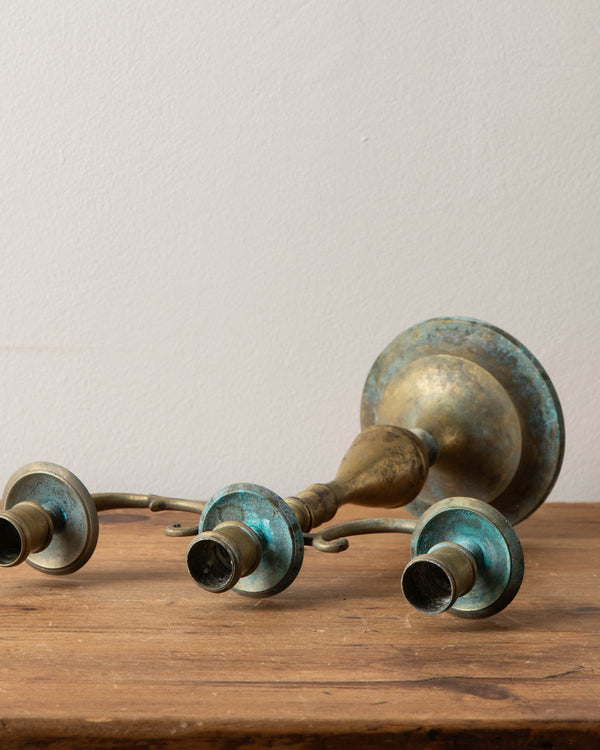 Brass Triple Candle Holder w/ Verdigris Patina