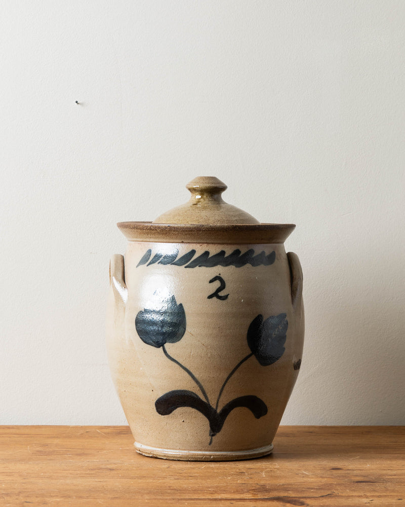 Antique 2 Gallon Stoneware Confit Pot w/ Painted Flowers