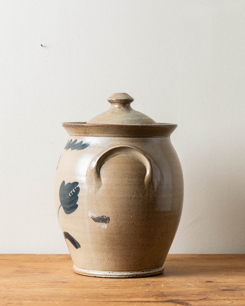 Antique 2 Gallon Stoneware Confit Pot w/ Painted Flowers