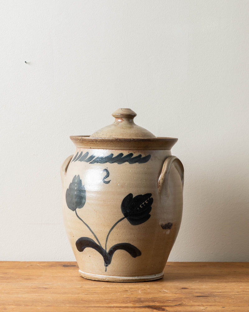 Antique 2 Gallon Stoneware Confit Pot w/ Painted Flowers