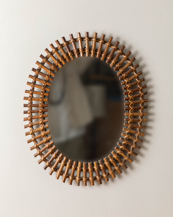 Italian Bamboo Rattan Sunburst Mirror, 1950's