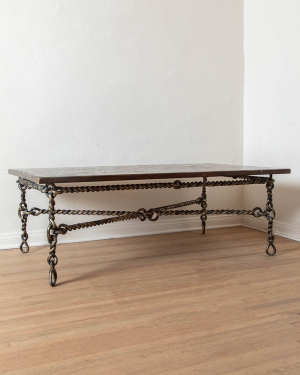 Brutalist Coiled Iron & Rustic Wood Coffee Table