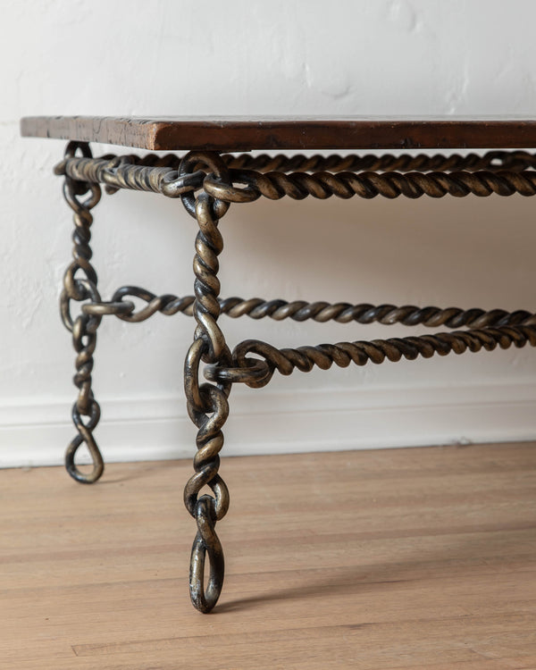 Brutalist Coiled Iron & Rustic Wood Coffee Table