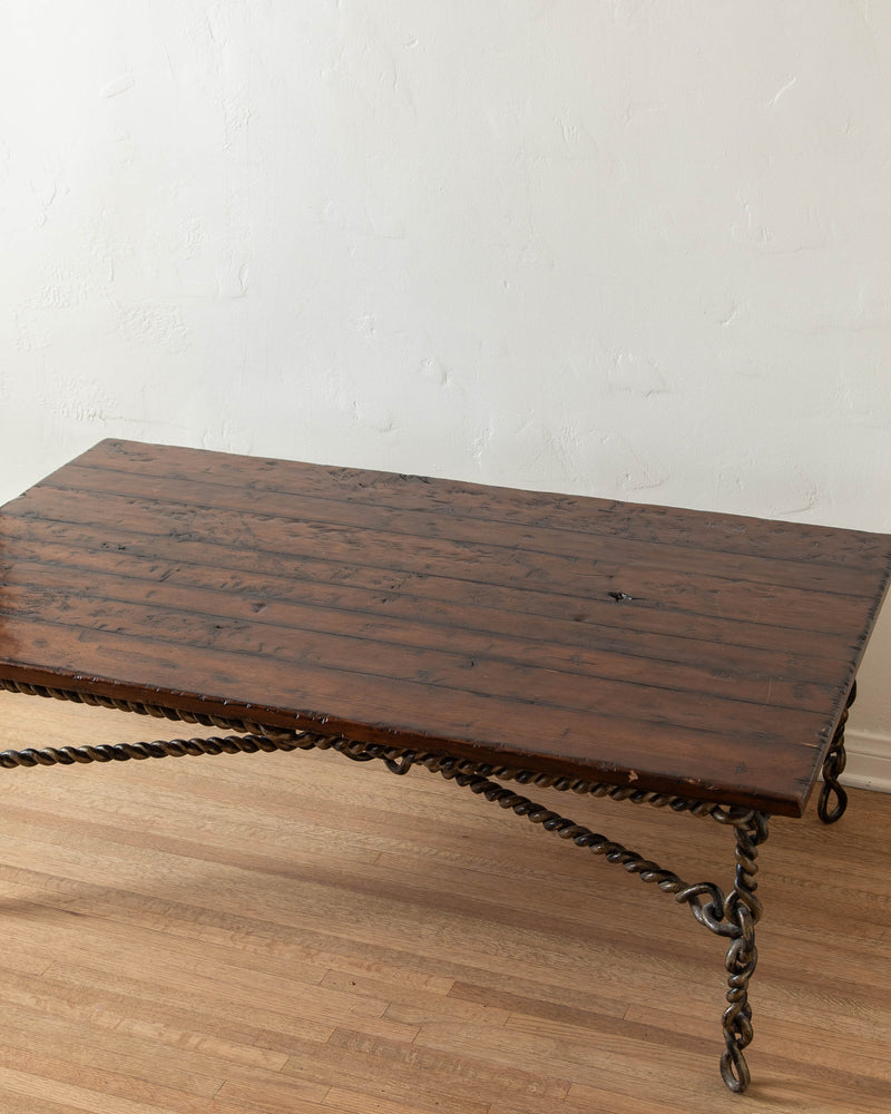 Brutalist Coiled Iron & Rustic Wood Coffee Table