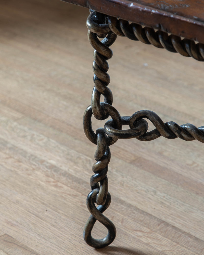 Brutalist Coiled Iron & Rustic Wood Coffee Table