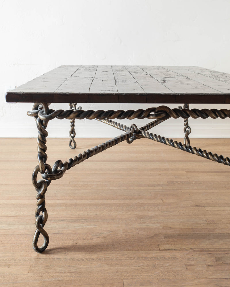 Brutalist Coiled Iron & Rustic Wood Coffee Table