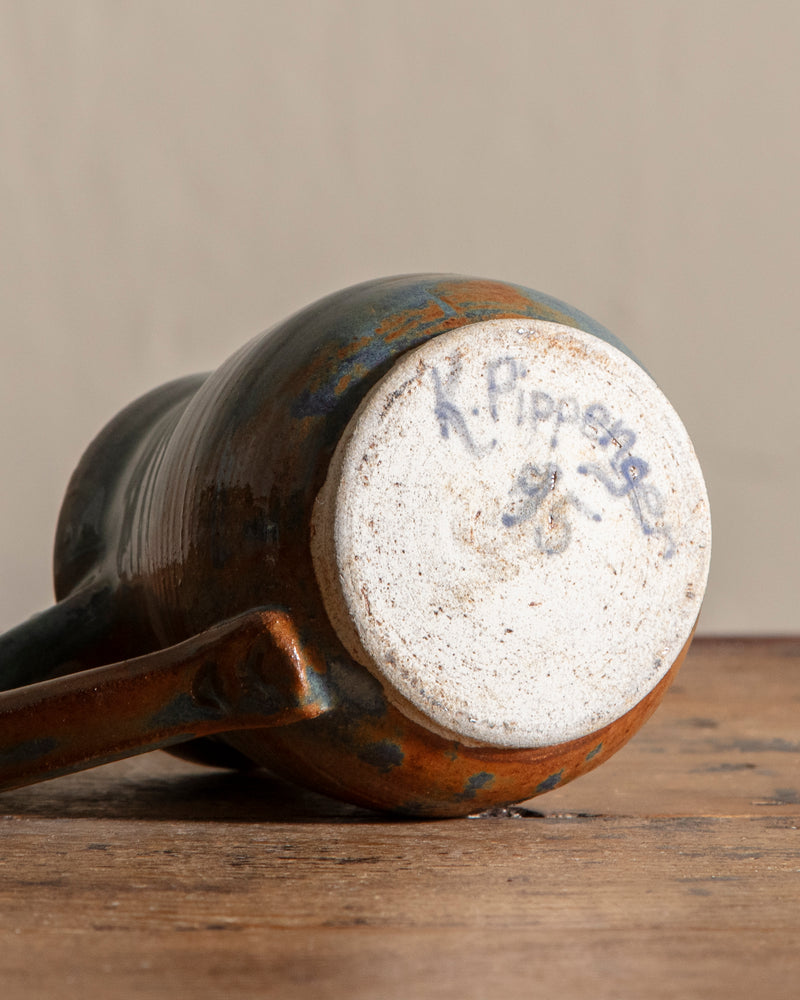 Orange & Blue Studio Pottery Pitcher, Signed