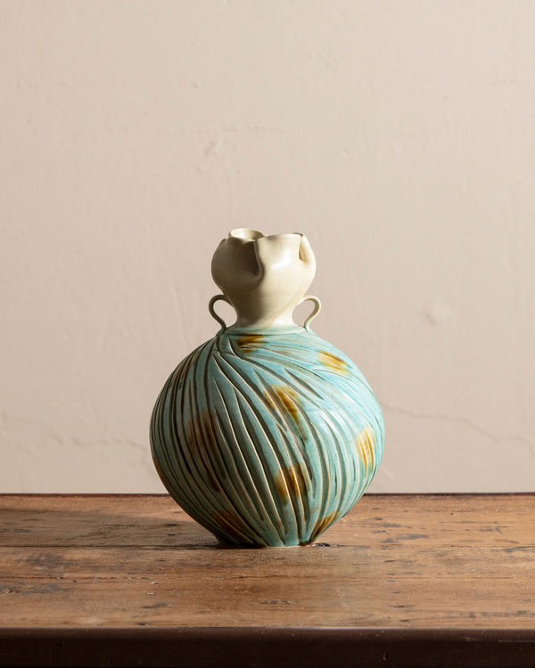 Round Studio Vase w/ Organic Formed Top, Signed