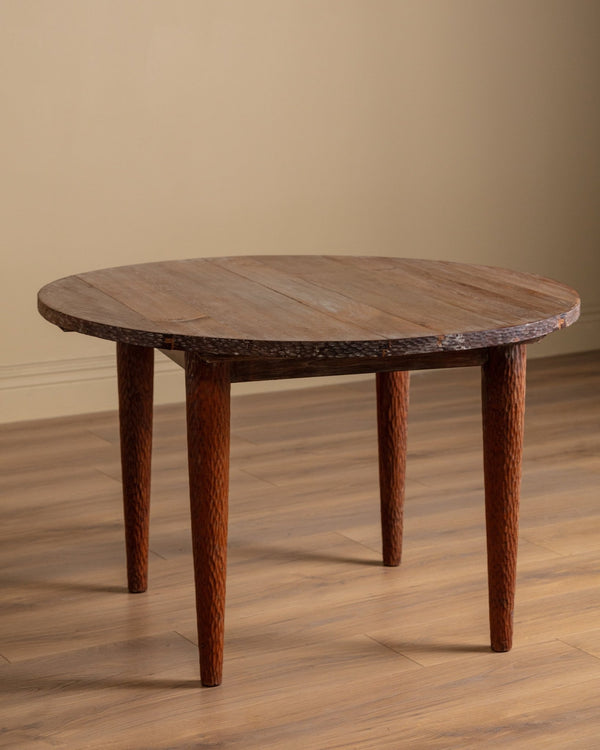 47" Round Solid Oak Gouge Carved Dining Table, France, 1950's - Lone Fox