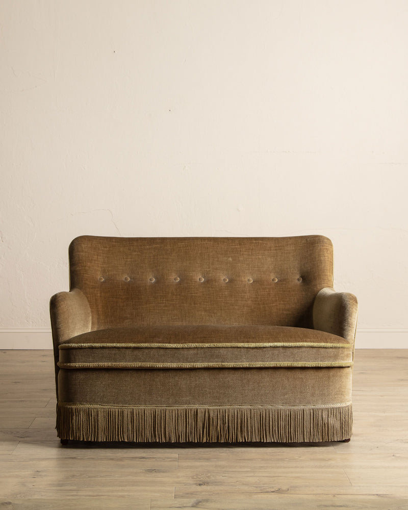 Ochre Mohair & Beech Fringe Settee, Denmark, 1960's