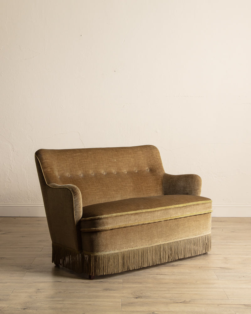 Ochre Mohair & Beech Fringe Settee, Denmark, 1960's