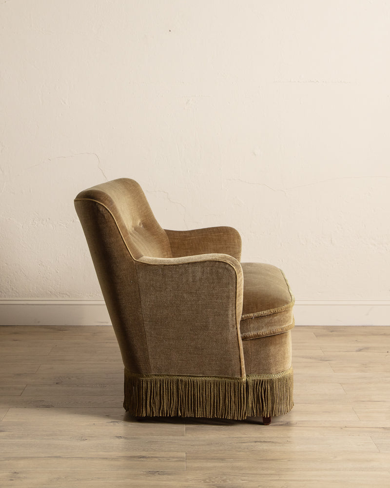 Ochre Mohair & Beech Fringe Settee, Denmark, 1960's