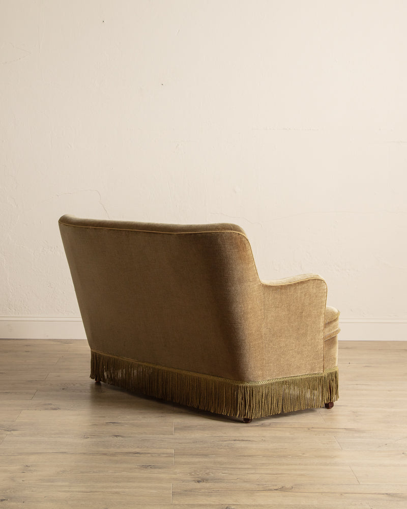 Ochre Mohair & Beech Fringe Settee, Denmark, 1960's