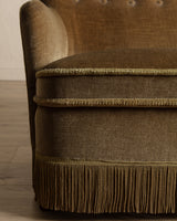 Ochre Mohair & Beech Fringe Settee, Denmark, 1960's