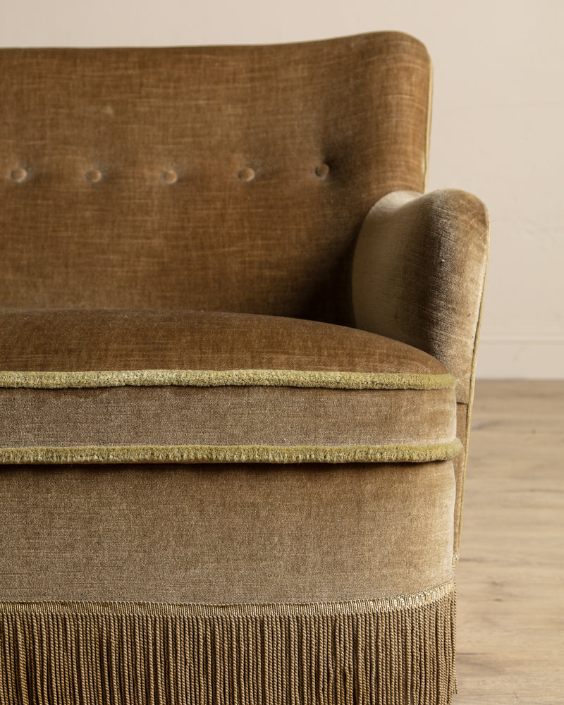 Ochre Mohair & Beech Fringe Settee, Denmark, 1960's