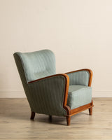 Art Deco Oak & Wool Striped Lounge Chair, Sweden, 1940's