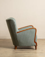 Art Deco Oak & Wool Striped Lounge Chair, Sweden, 1940's