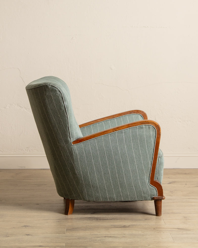 Art Deco Oak & Wool Striped Lounge Chair, Sweden, 1940's