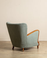 Art Deco Oak & Wool Striped Lounge Chair, Sweden, 1940's