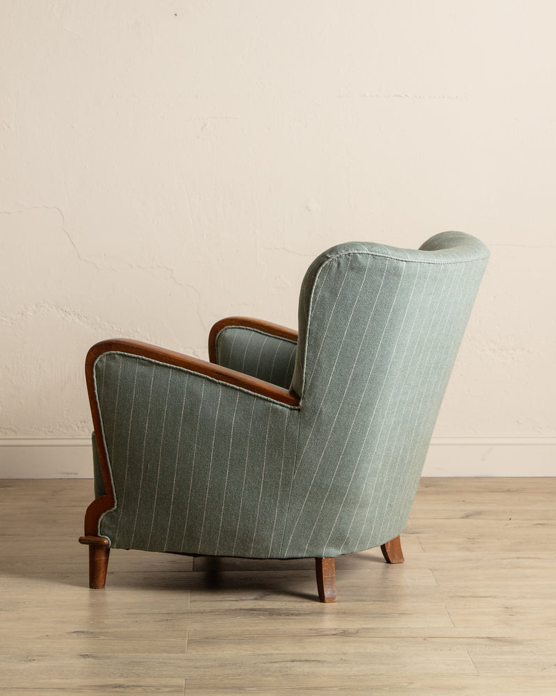 Art Deco Oak & Wool Striped Lounge Chair, Sweden, 1940's