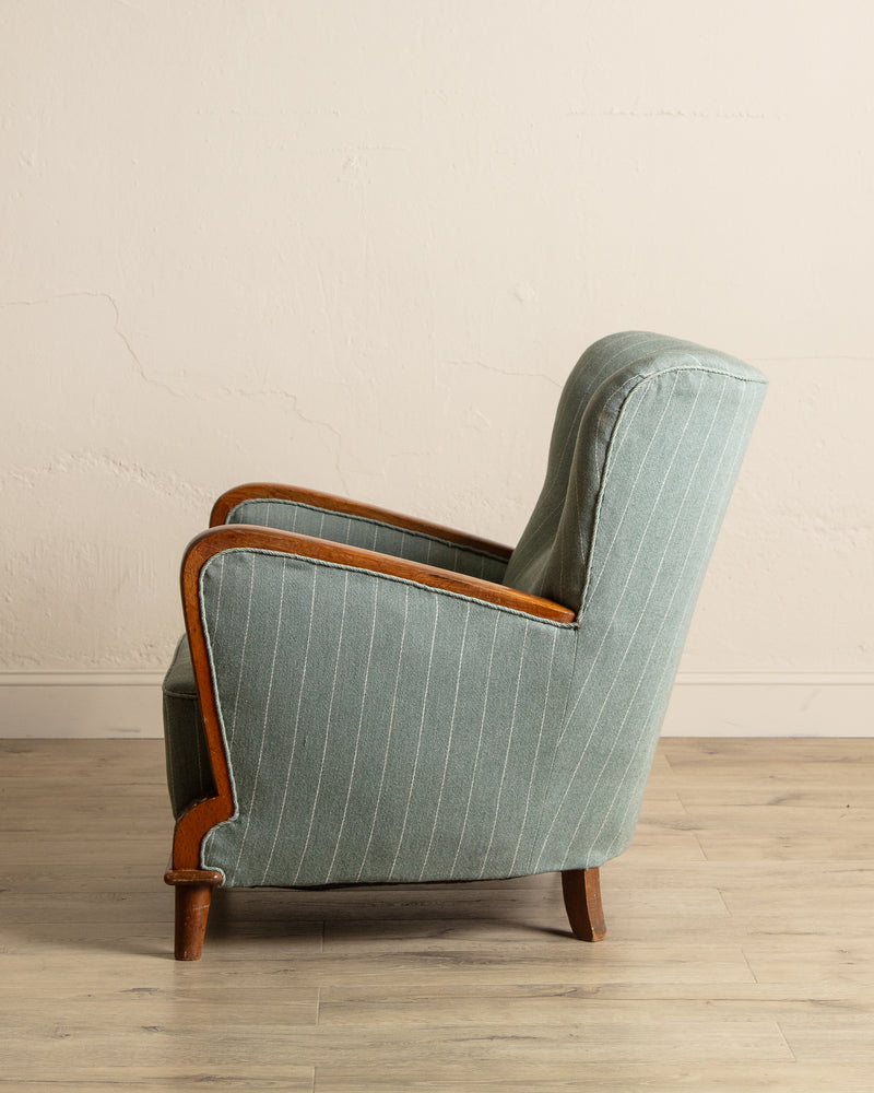Art Deco Oak & Wool Striped Lounge Chair, Sweden, 1940's