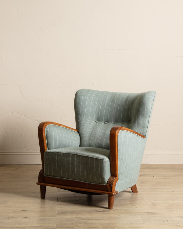 Art Deco Oak & Wool Striped Lounge Chair, Sweden, 1940's