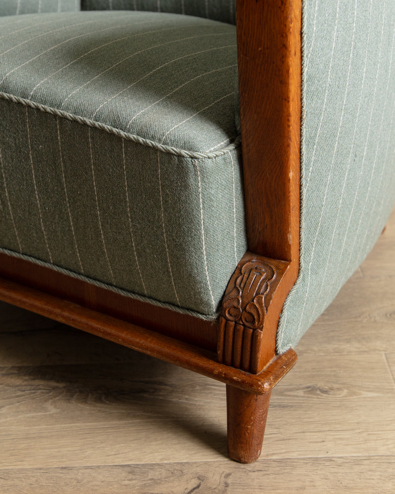 Art Deco Oak & Wool Striped Lounge Chair, Sweden, 1940's
