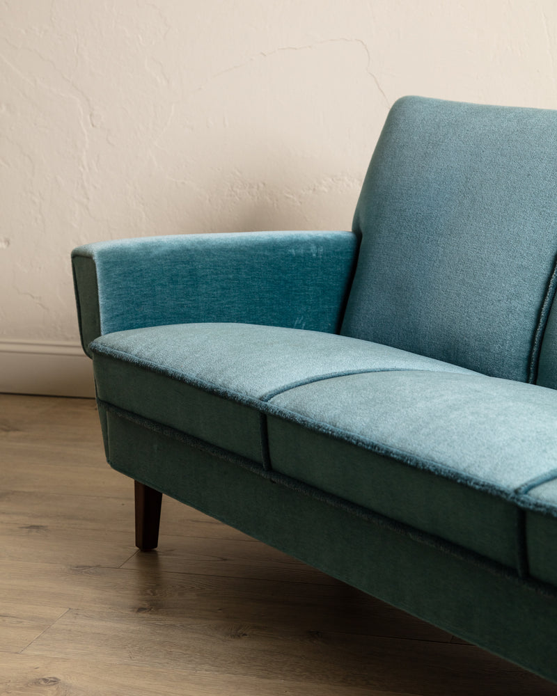 Mid Century Teal Mohair Sofa w/ Rope Trim, Denmark, 1960's
