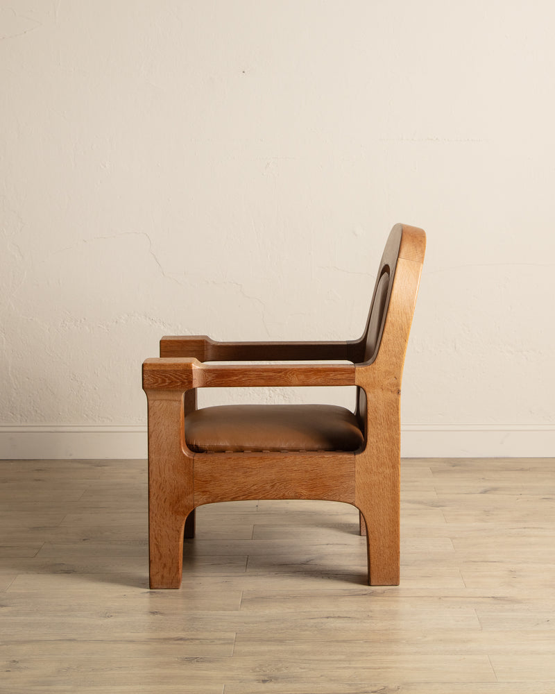 Dutch Brutalist Oak & Leather Lounge Chair, 1970's